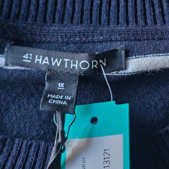 Women's Navy White Stripe Sweater Plus 1X Minimalist Soft Cozy Winter Layering - Picture 5 of 7